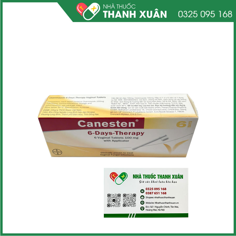 Canesten 6-Days-Therapy điều trị viêm âm đạo cho nấm, Trichomonas, bội nhiễm bởi các vi khuẩn nhạy cảm với clotrimazole